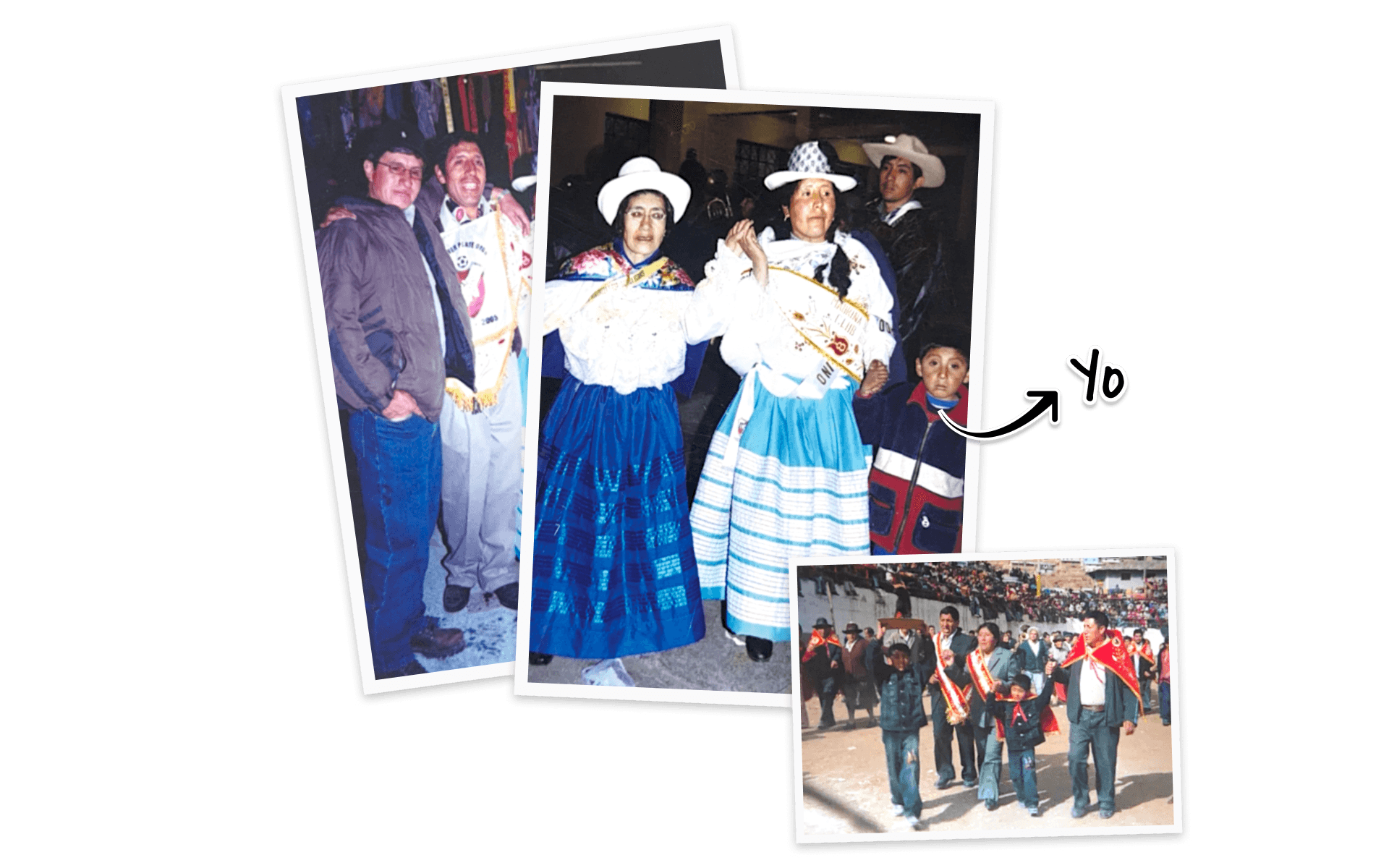 Old photos of the fiesta patronal in Oyón: my parents dancing in their sashes, and me as a kid, marked with an arrow