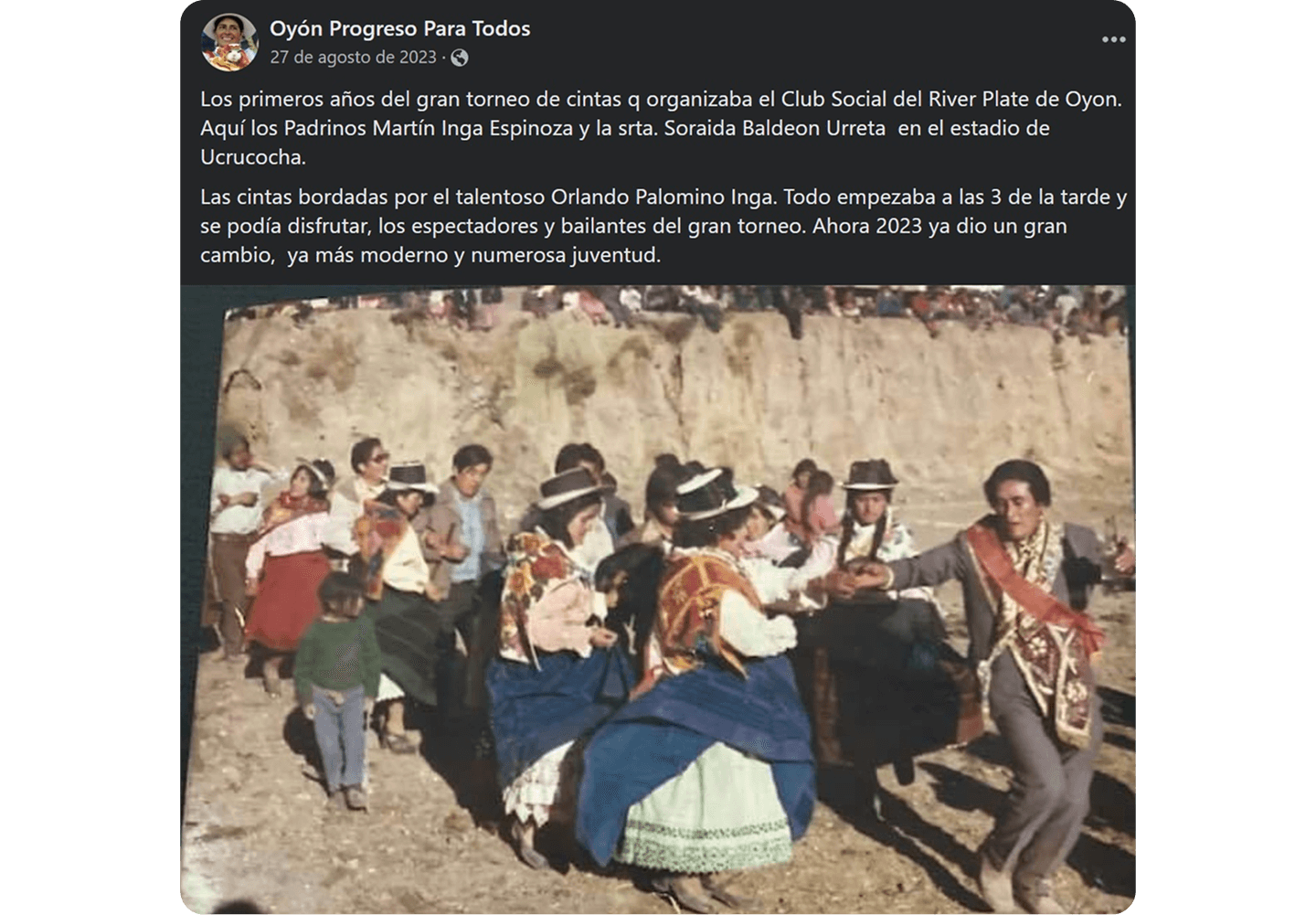 Facebook post with a photo of the early years of the Club River Plate Torneo de Cintas at the Ucrucocha stadium