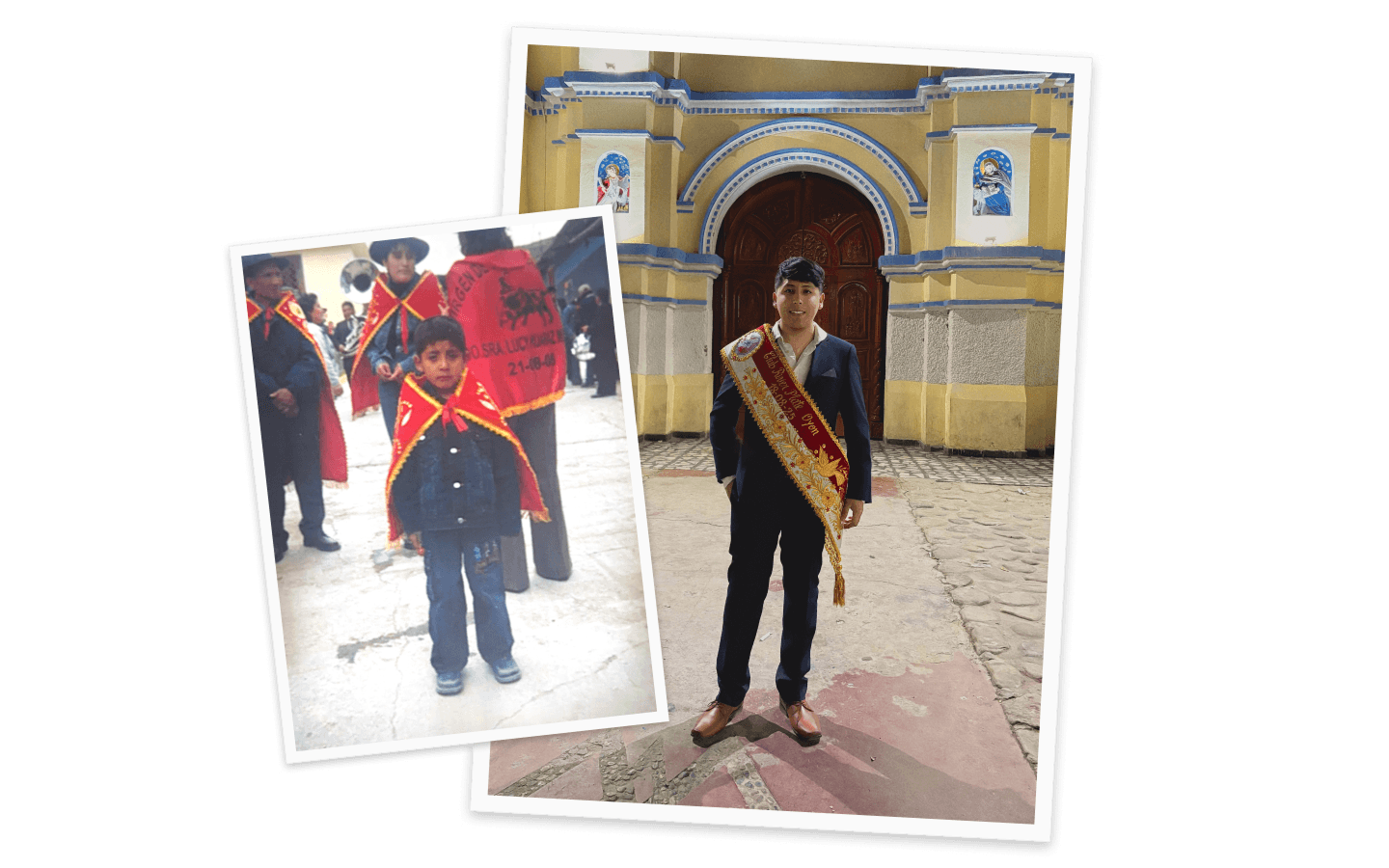 Me as a kid in the red fiesta cape, and me today wearing the mayordomía sash in front of the church