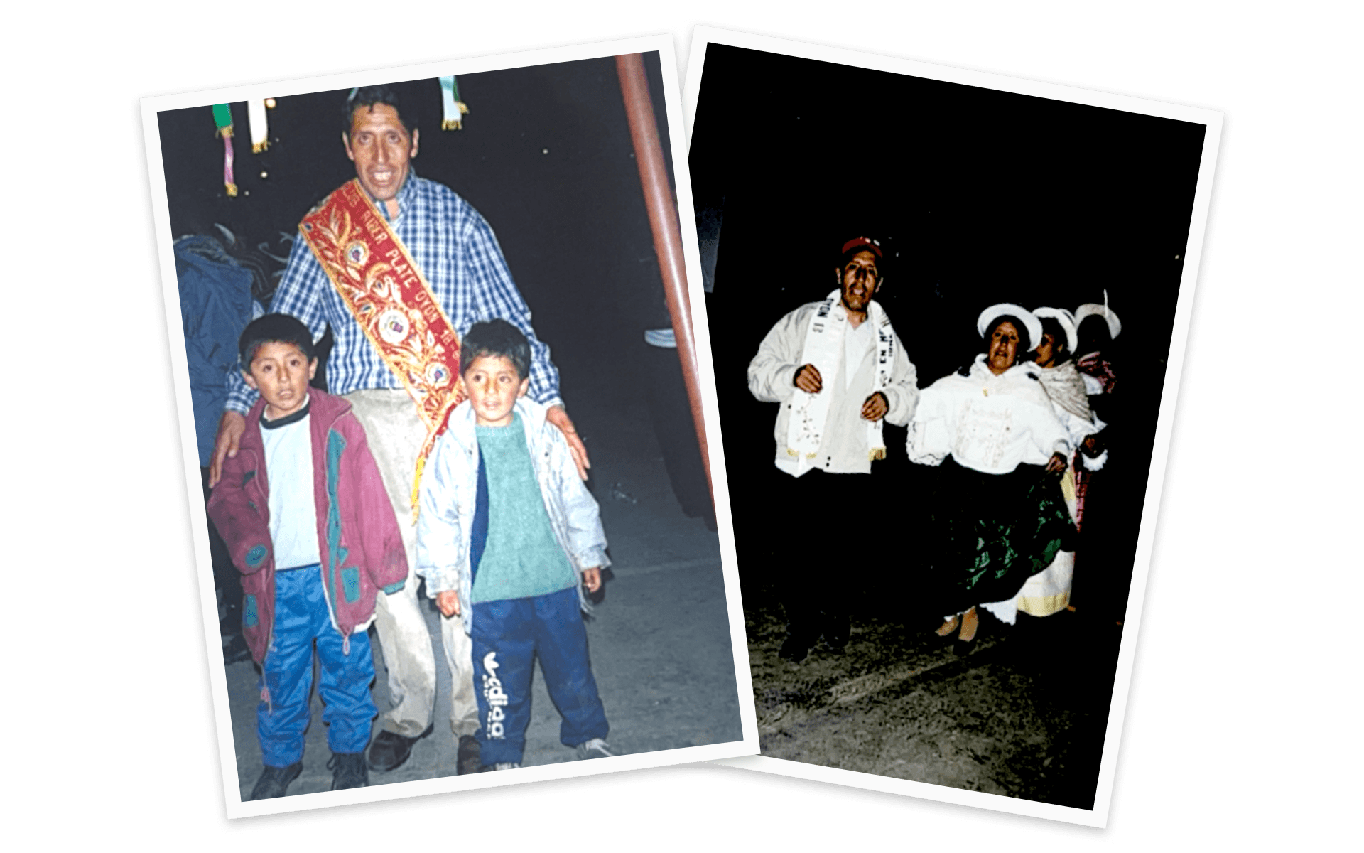 Old fiesta photos: my dad wearing the River Plate sash next to two boys, and a couple dancing at night in white outfits