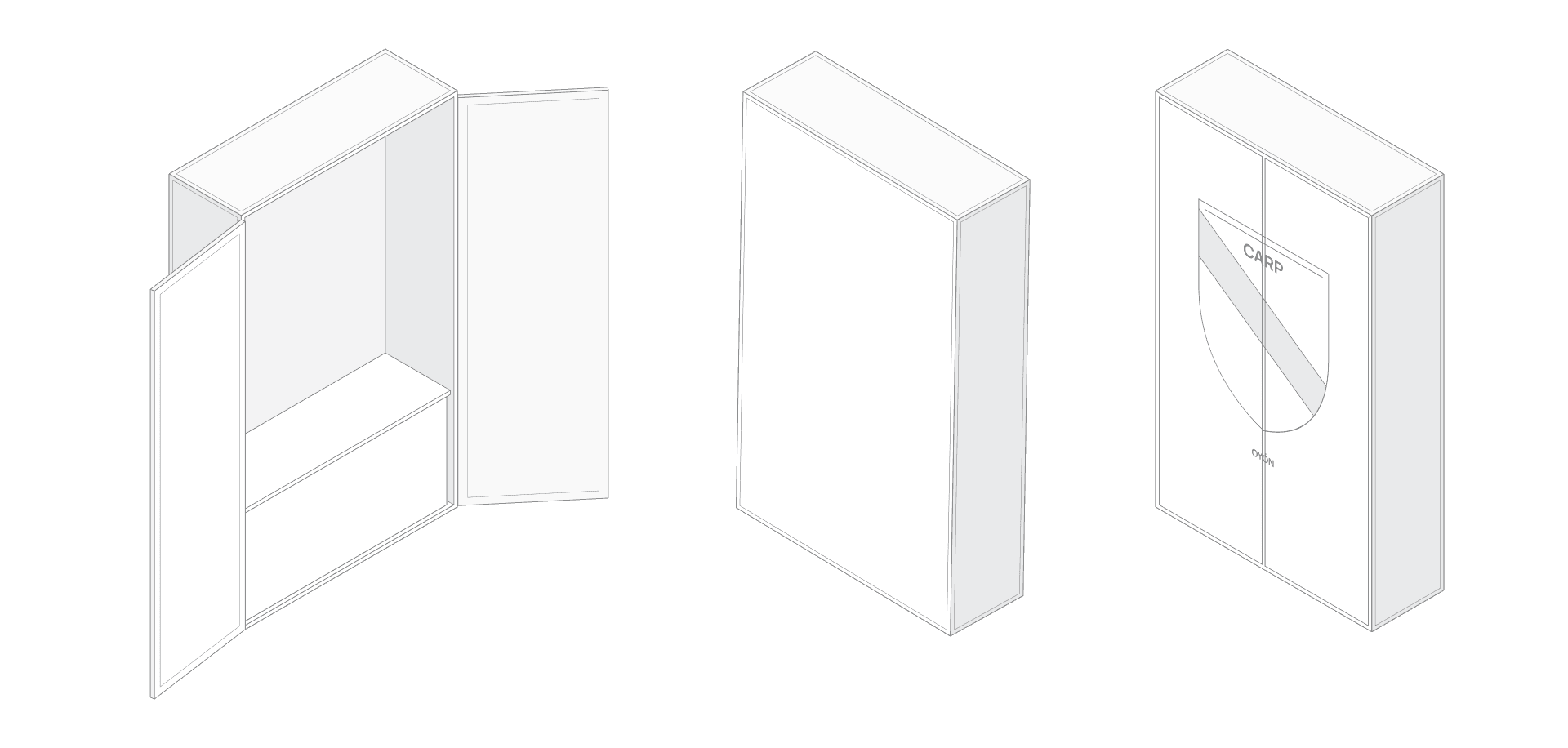 First sketches of the little box in isometric views: open, closed and with the crest