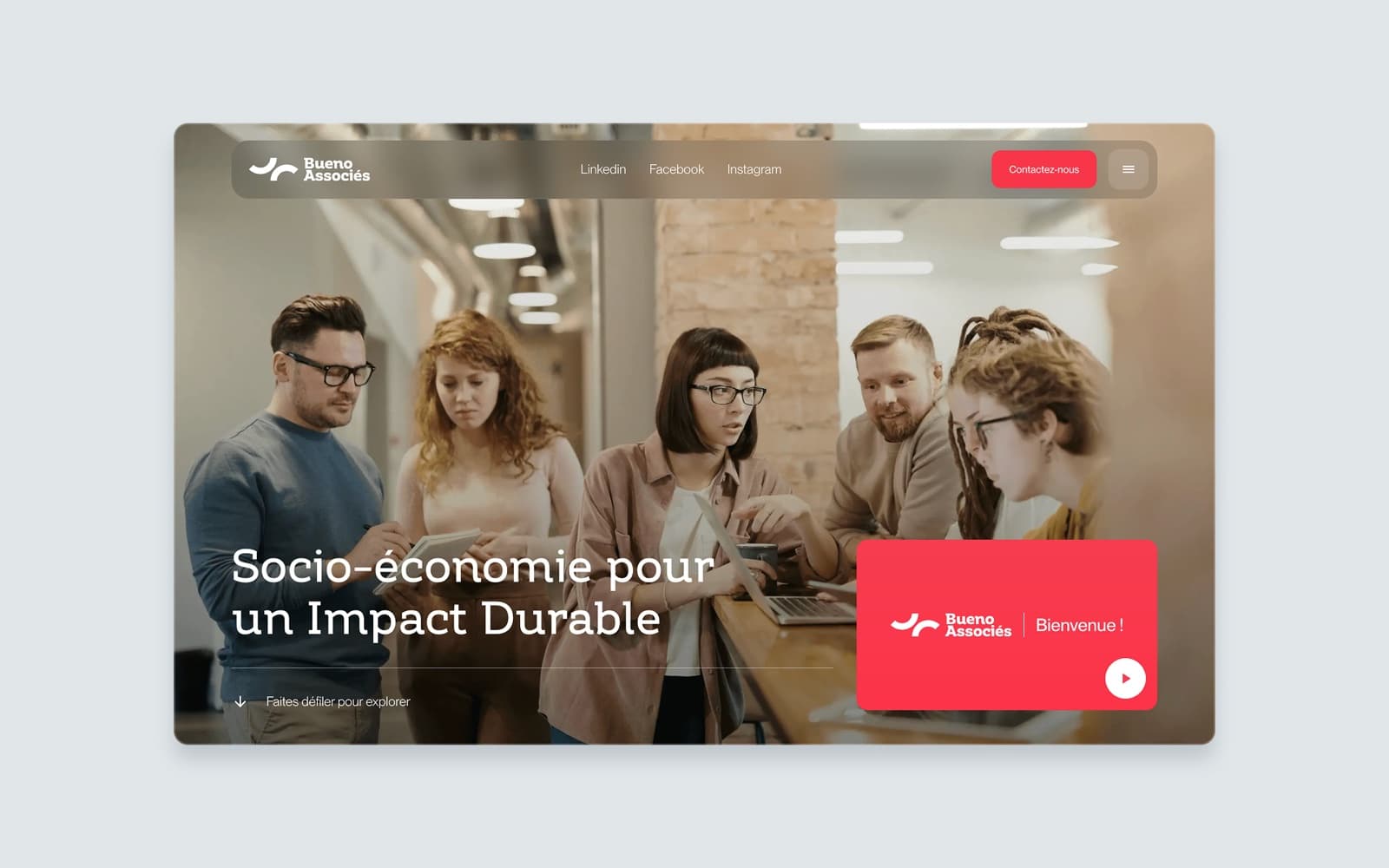 Bueno Associés — hero with the red welcome card